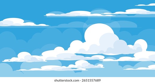 Sky with Clouds illustration in flat style. Sky and clouds background. Cloudy vector cartoon illustration in blue color. Nature abstract wallpaper.