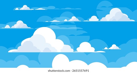 Sky with Clouds illustration in flat style. Sky and clouds background. Cloudy vector cartoon illustration in blue color. Nature abstract wallpaper.