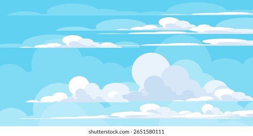 Sky with Clouds illustration in flat style. Sky and clouds background. Cloudy vector cartoon illustration in blue color. Nature abstract wallpaper.