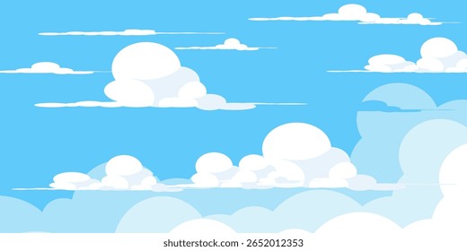 Sky with Clouds illustration in flat style. Sky and clouds background. Cloudy vector cartoon illustration in blue color. Nature abstract wallpaper.