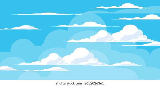 Sky with Clouds illustration in flat style. Sky and clouds background. Cloudy vector cartoon illustration in blue color. Nature abstract wallpaper.
