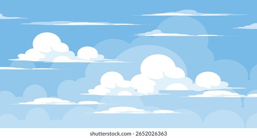 Sky with Clouds illustration in flat style. Sky and clouds background. Cloudy vector cartoon illustration in blue color. Nature abstract wallpaper.