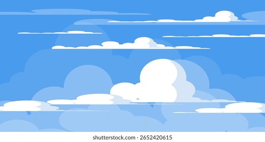 Sky with Clouds illustration in flat style. Sky and clouds background. Cloudy vector cartoon illustration in blue color. Nature abstract wallpaper.