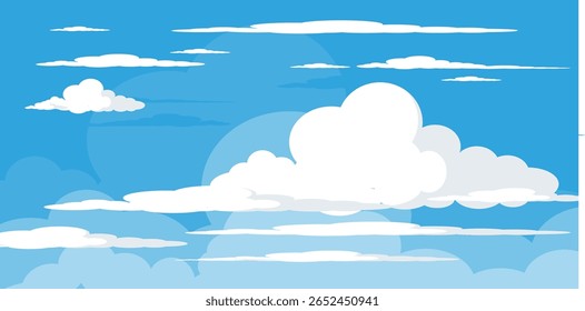 Sky with Clouds illustration in flat style. Sky and clouds background. Cloudy vector cartoon illustration in blue color. Nature abstract wallpaper.