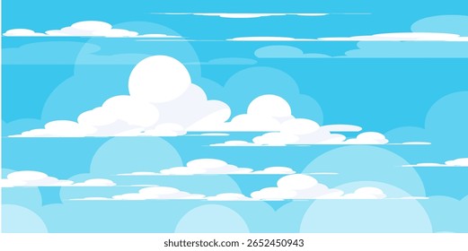 Sky with Clouds illustration in flat style. Sky and clouds background. Cloudy vector cartoon illustration in blue color. Nature abstract wallpaper.