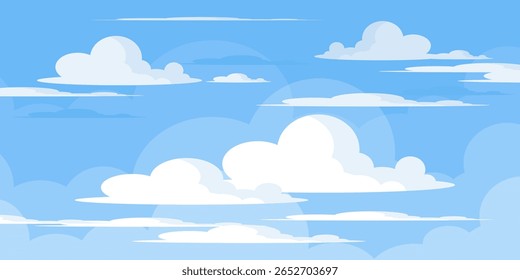Sky with Clouds illustration in flat style. Sky and clouds background. Cloudy vector cartoon illustration in blue color. Nature abstract wallpaper.