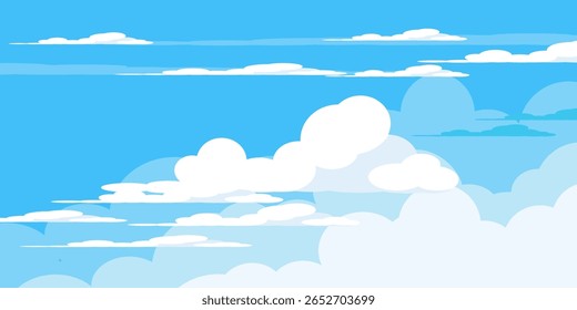 Sky with Clouds illustration in flat style. Sky and clouds background. Cloudy vector cartoon illustration in blue color. Nature abstract wallpaper.