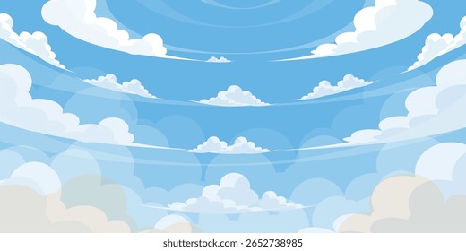 Ilustração de Céu com Nuvens em estilo plano. Fundo do céu e das nuvens. Ilustração de desenho animado de vetor nublado em cor azul. Natureza abstrata papel de parede.