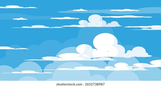 Sky with Clouds illustration in flat style. Sky and clouds background. Cloudy vector cartoon illustration in blue color. Nature abstract wallpaper.