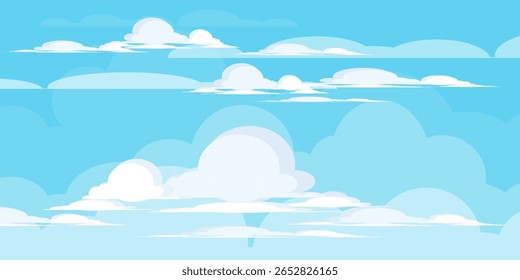 Sky with Clouds illustration in flat style. Sky and clouds background. Cloudy vector cartoon illustration in blue color. Nature abstract wallpaper.