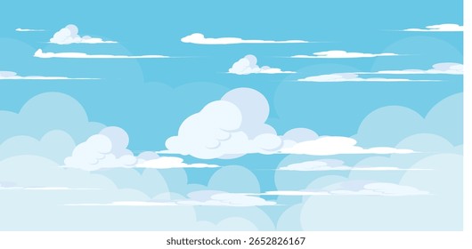 Sky with Clouds illustration in flat style. Sky and clouds background. Cloudy vector cartoon illustration in blue color. Nature abstract wallpaper.