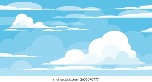 Sky with Clouds illustration in flat style. Sky and clouds background. Cloudy vector cartoon illustration in blue color. Nature abstract wallpaper.