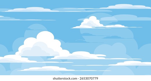 Sky with Clouds illustration in flat style. Sky and clouds background. Cloudy vector cartoon illustration in blue color. Nature abstract wallpaper.