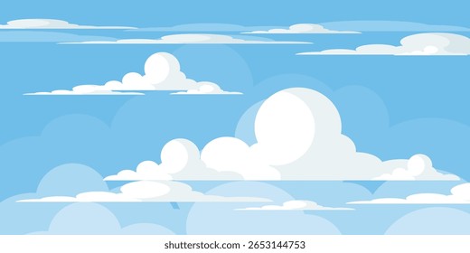 Sky with Clouds illustration in flat style. Sky and clouds background. Cloudy vector cartoon illustration in blue color. Nature abstract wallpaper.