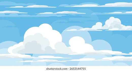 Sky with Clouds illustration in flat style. Sky and clouds background. Cloudy vector cartoon illustration in blue color. Nature abstract wallpaper.