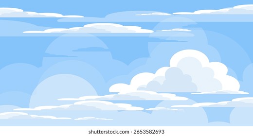 Ilustração de Céu com Nuvens em estilo plano. Fundo do céu e das nuvens. Ilustração de desenho animado de vetor nublado em cor azul. Natureza abstrata papel de parede.