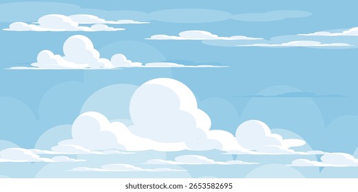 Cielo con la ilustración de las nubes en estilo plano. Cielo y fondo de nubes. Ilustración de dibujos animados de Vector nublado en color azul. Fondo de pantalla abstracto de Naturaleza.