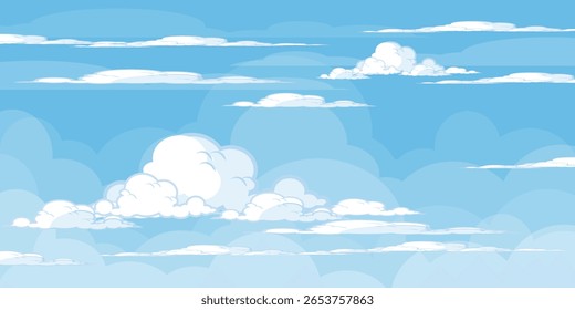 Cielo con la ilustración de las nubes en estilo plano. Cielo y fondo de nubes. Ilustración de dibujos animados de Vector nublado en color azul. Fondo de pantalla abstracto de Naturaleza.