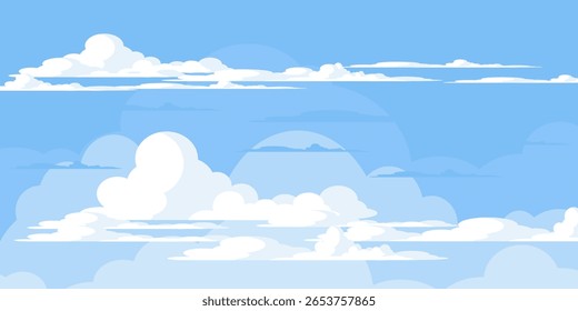 Cielo con la ilustración de las nubes en estilo plano. Cielo y fondo de nubes. Ilustración de dibujos animados de Vector nublado en color azul. Fondo de pantalla abstracto de Naturaleza.