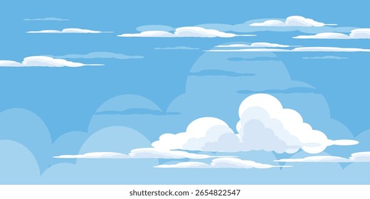 Ilustração de Céu com Nuvens em estilo plano. Fundo do céu e das nuvens. Ilustração de desenho animado de vetor nublado em cor azul. Natureza abstrata papel de parede.