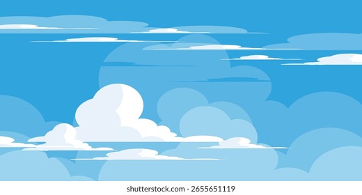 Cielo con la ilustración de las nubes en estilo plano. Cielo y fondo de nubes. Ilustración de dibujos animados de Vector nublado en color azul. Fondo de pantalla abstracto de Naturaleza.
