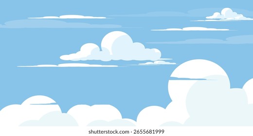 Sky with Clouds illustration in flat style. Sky and clouds background. Cloudy vector cartoon illustration in blue color. Nature abstract wallpaper.