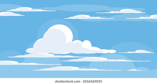 Cielo con la ilustración de las nubes en estilo plano. Cielo y fondo de nubes. Ilustración de dibujos animados de Vector nublado en color azul. Fondo de pantalla abstracto de Naturaleza.