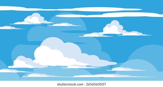 Sky with Clouds illustration in flat style. Sky and clouds background. Cloudy vector cartoon illustration in blue color. Nature abstract wallpaper.