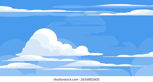 Himmel mit Wolken Illustration im flachen Stil. Himmel und Wolken Hintergrund. Trübe Vektorkarikatur in blauer Farbe. Natur abstrakte Tapete.