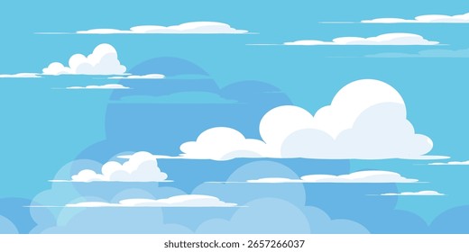 Ilustração de Céu com Nuvens em estilo plano. Fundo do céu e das nuvens. Ilustração de desenho animado de vetor nublado em cor azul. Natureza abstrata papel de parede.