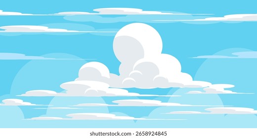 Cielo con la ilustración de las nubes en estilo plano. Cielo y fondo de nubes. Ilustración de dibujos animados de Vector nublado en color azul. Fondo de pantalla abstracto de Naturaleza.