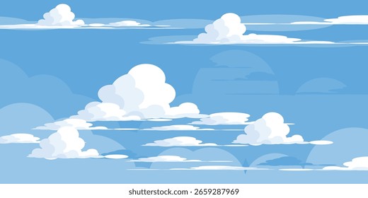 Cielo con la ilustración de las nubes en estilo plano. Cielo y fondo de nubes. Ilustración de dibujos animados de Vector nublado en color azul. Fondo de pantalla abstracto de Naturaleza.