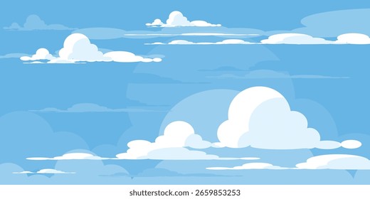 Sky with Clouds illustration in flat style. Sky and clouds background. Cloudy vector cartoon illustration in blue color. Nature abstract wallpaper.