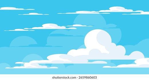 Sky with Clouds illustration in flat style. Sky and clouds background. Cloudy vector cartoon illustration in blue color. Nature abstract wallpaper.