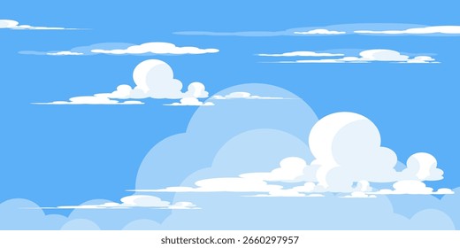 Himmel mit Wolken Illustration im flachen Stil. Himmel und Wolken Hintergrund. Trübe Vektorkarikatur in blauer Farbe. Natur abstrakte Tapete.