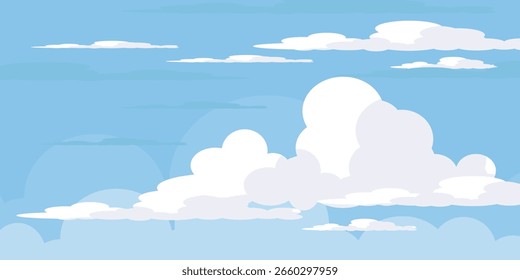 Ilustração de Céu com Nuvens em estilo plano. Fundo do céu e das nuvens. Ilustração de desenho animado de vetor nublado em cor azul. Natureza abstrata papel de parede.