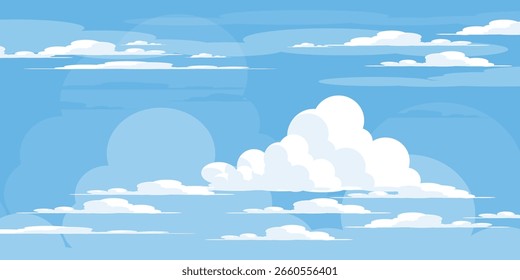 Sky with Clouds illustration in flat style. Sky and clouds background. Cloudy vector cartoon illustration in blue color. Nature abstract wallpaper.