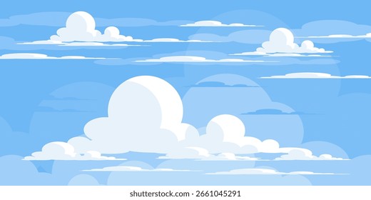 Cielo con la ilustración de las nubes en estilo plano. Cielo y fondo de nubes. Ilustración de dibujos animados de Vector nublado en color azul. Fondo de pantalla abstracto de Naturaleza.