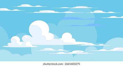 Cielo con la ilustración de las nubes en estilo plano. Cielo y fondo de nubes. Ilustración de dibujos animados de Vector nublado en color azul. Fondo de pantalla abstracto de Naturaleza.