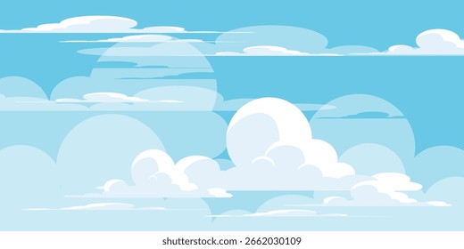 Sky with Clouds illustration in flat style. Sky and clouds background. Cloudy vector cartoon illustration in blue color. Nature abstract wallpaper.