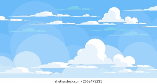 Sky with Clouds illustration in flat style. Sky and clouds background. Cloudy vector cartoon illustration in blue color. Nature abstract wallpaper.