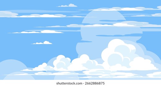 Ilustração de Céu com Nuvens em estilo plano. Fundo do céu e das nuvens. Ilustração de desenho animado de vetor nublado em cor azul. Natureza abstrata papel de parede.