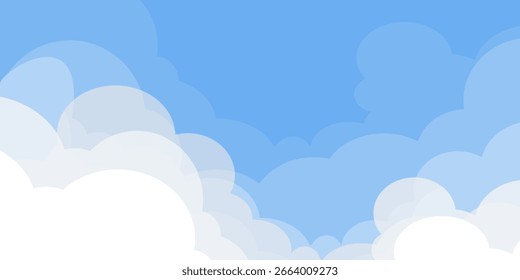 Himmel mit Wolken Illustration im flachen Stil. Himmel und Wolken Hintergrund. Trübe Vektorkarikatur in blauer Farbe. Natur abstrakte Tapete.