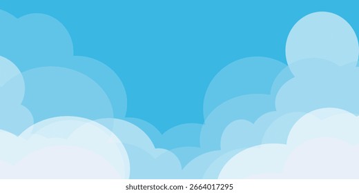 Ilustração de Céu com Nuvens em estilo plano. Fundo do céu e das nuvens. Ilustração de desenho animado de vetor nublado em cor azul. Natureza abstrata papel de parede.