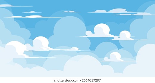 Cielo con la ilustración de las nubes en estilo plano. Cielo y fondo de nubes. Ilustración de dibujos animados de Vector nublado en color azul. Fondo de pantalla abstracto de Naturaleza.