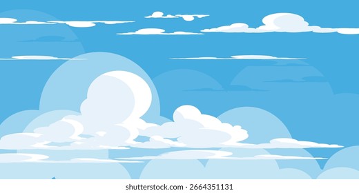 Himmel mit Wolken Illustration im flachen Stil. Himmel und Wolken Hintergrund. Trübe Vektorkarikatur in blauer Farbe. Natur abstrakte Tapete.