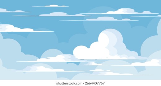 Cielo con la ilustración de las nubes en estilo plano. Cielo y fondo de nubes. Ilustración de dibujos animados de Vector nublado en color azul. Fondo de pantalla abstracto de Naturaleza.