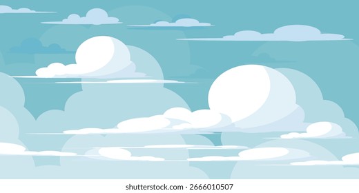 Sky with Clouds illustration in flat style. Sky and clouds background. Cloudy vector cartoon illustration in blue color. Nature abstract wallpaper.