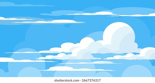 Sky with Clouds illustration in flat style. Sky and clouds background. Cloudy vector cartoon illustration in blue color. Nature abstract wallpaper.