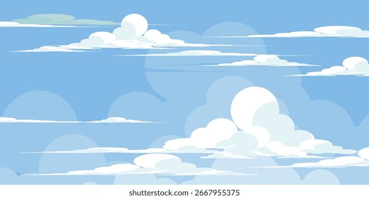 Ilustração de Céu com Nuvens em estilo plano. Fundo do céu e das nuvens. Ilustração de desenho animado de vetor nublado em cor azul. Natureza abstrata papel de parede.